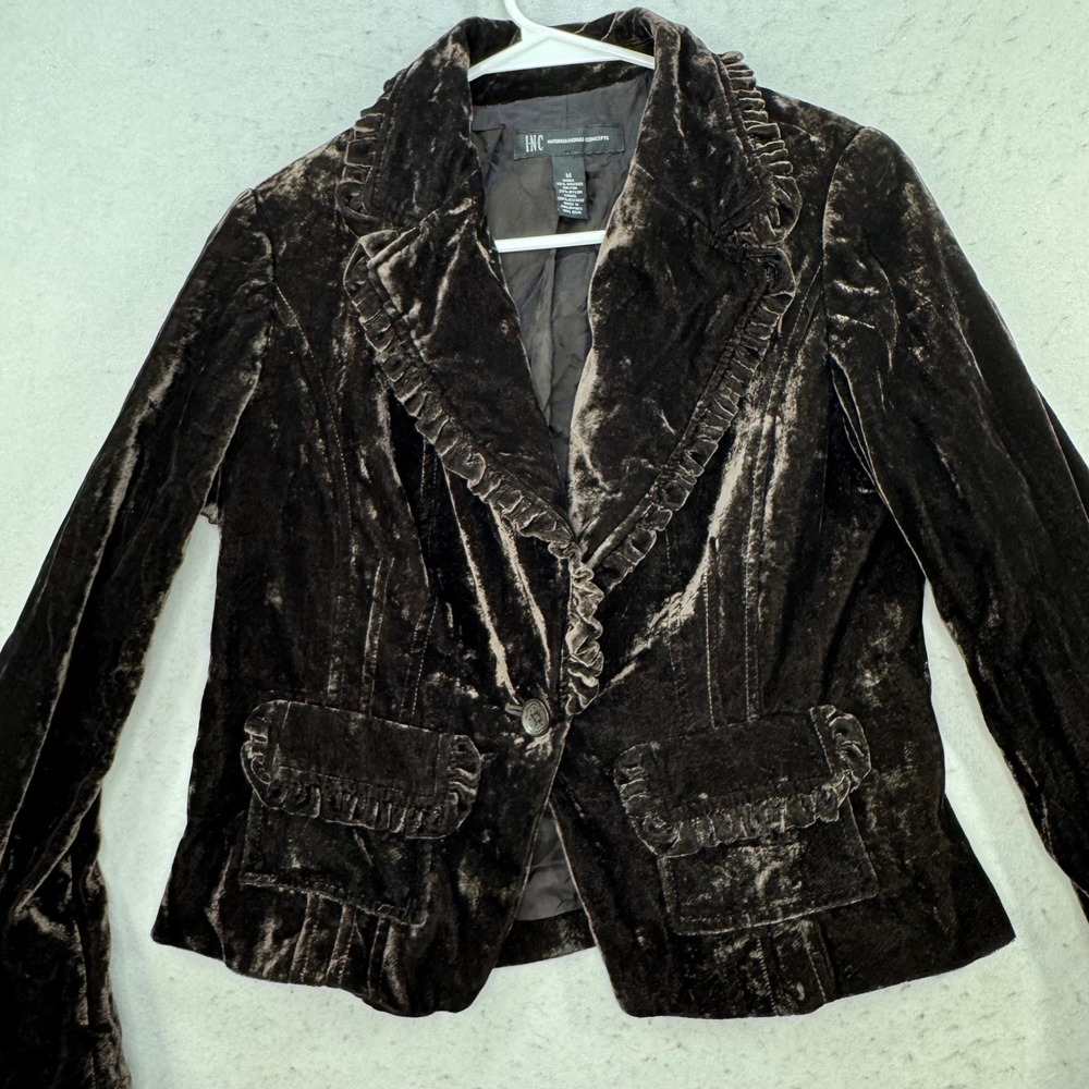 INC Velvet Blazer Womens Medium Brown Ruffle Trim Victorian Goth Jacket - Picture 12 of 13